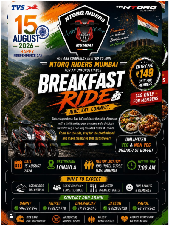 🇮🇳 NTORQ Riders Mumbai – Independence Day Breakfast Ride to Lonavla 🏍️